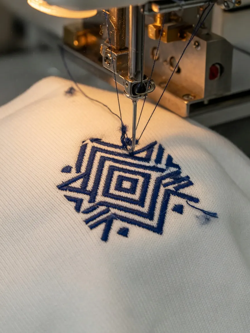 An embroidery machine stitching navy thread onto white knit fabric