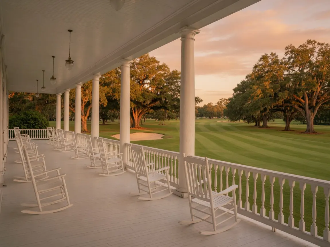 A clubhouse veranda with white rocking chairs overlooking a golf course